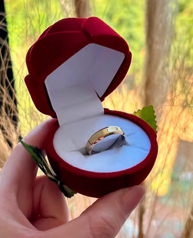 Aliança reta chanfrada de 5mm em ouro 10K maciço, dentro do estojo de veludo