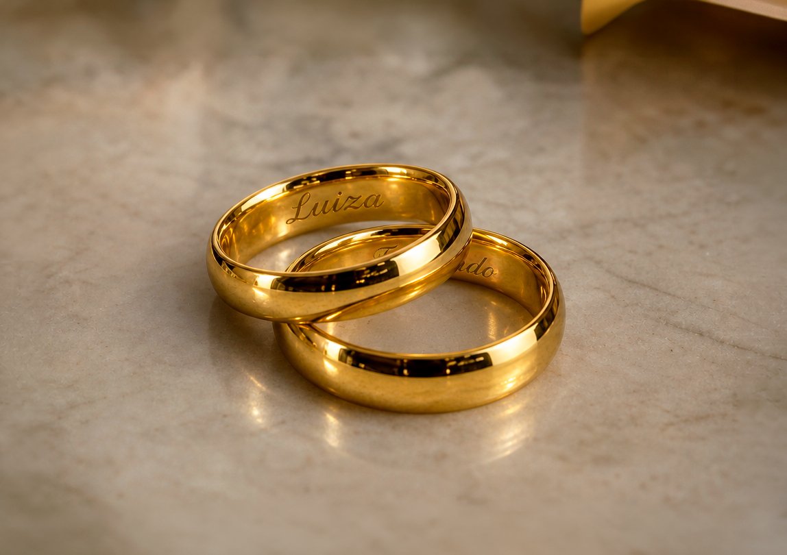 Macro da gravação a laser com os nomes do casal e a data por dentro da aliança